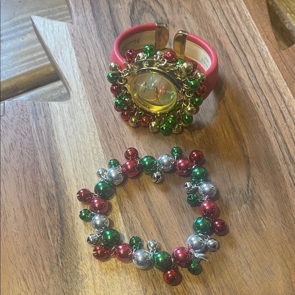 Festive Red and Green Beaded watch(main line time) & jingle stretchBracelet Set